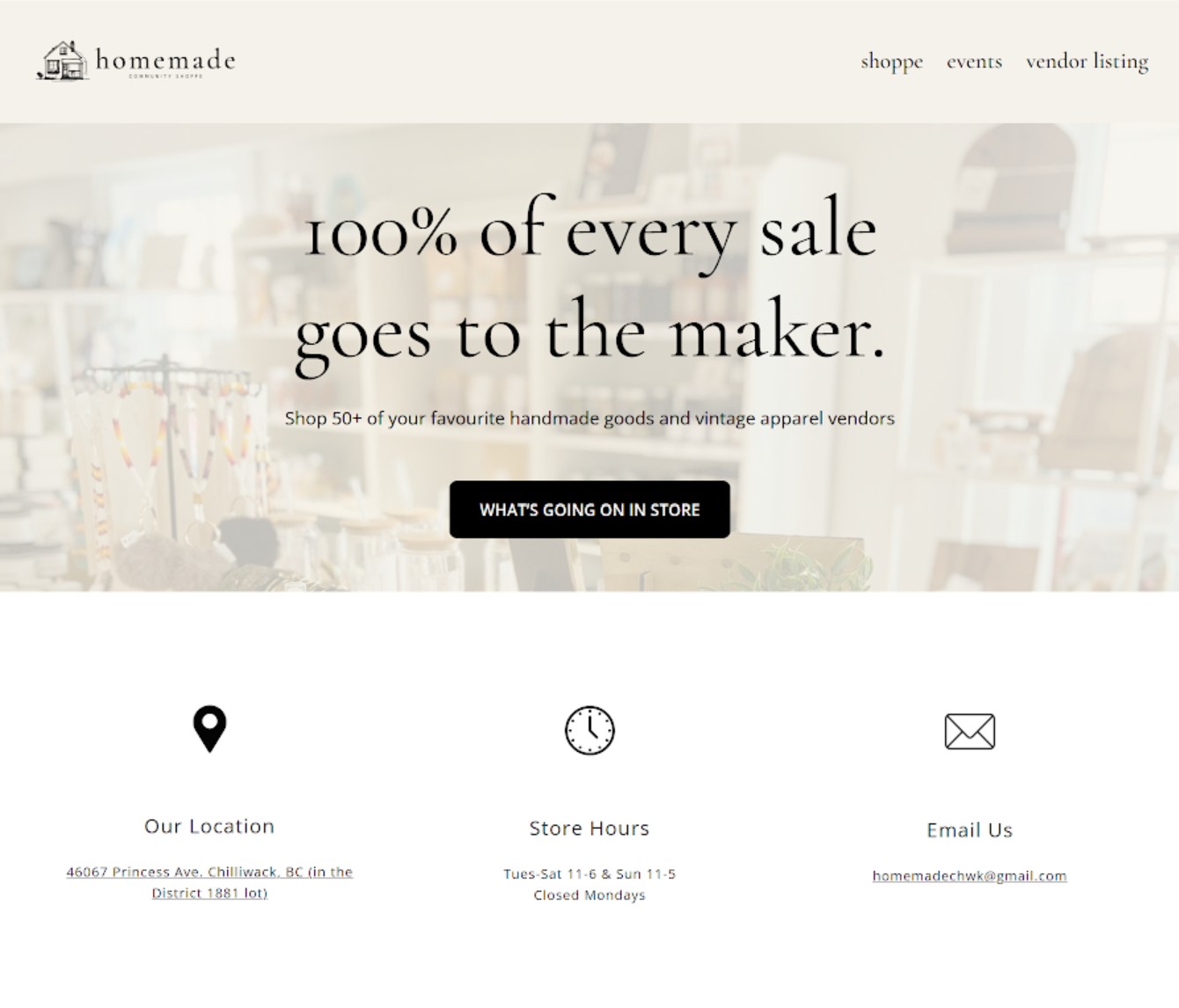 screenshot of Homemade Community Shoppe homepage showing a header with "shoppe", "events", "vendor" options. The hero image shows a blurry view of a shop with the text "100% of every sale goes to the marker.".