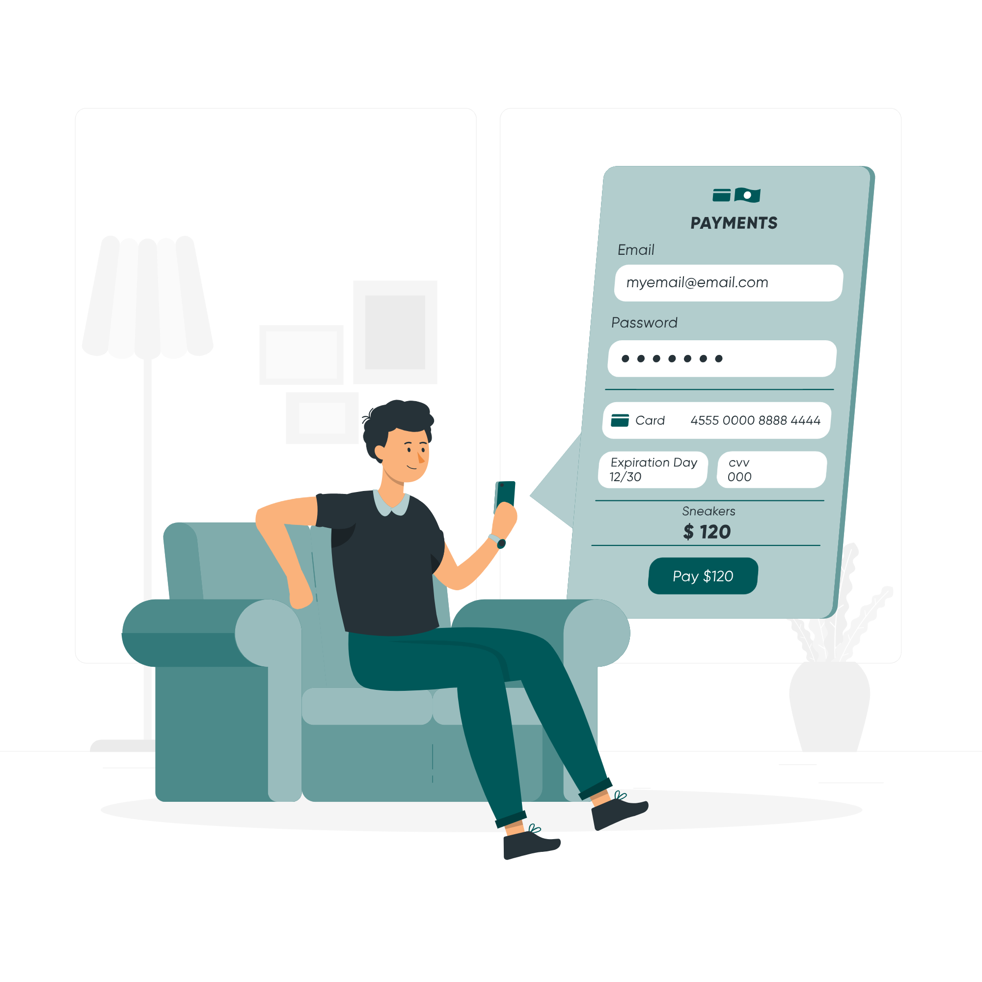 Cartoon image of a person sitting on a green sofa looking at their phone. There is a pop-up showing a checkout form. 
