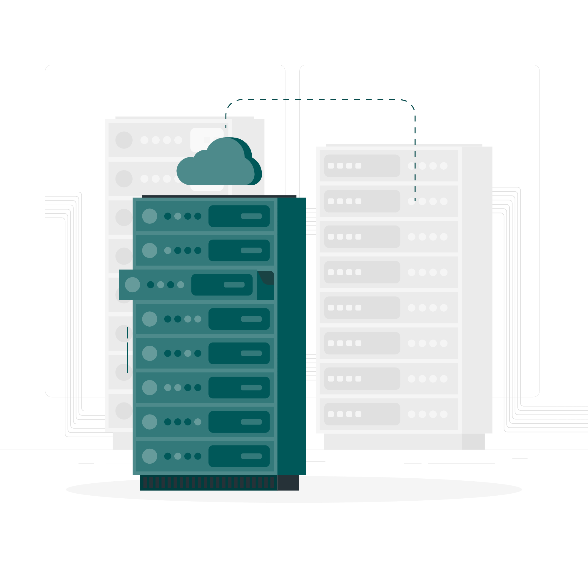 cartoon of a data centre tower with a cloud icon above and a dotted line connecting to another one in the background. 