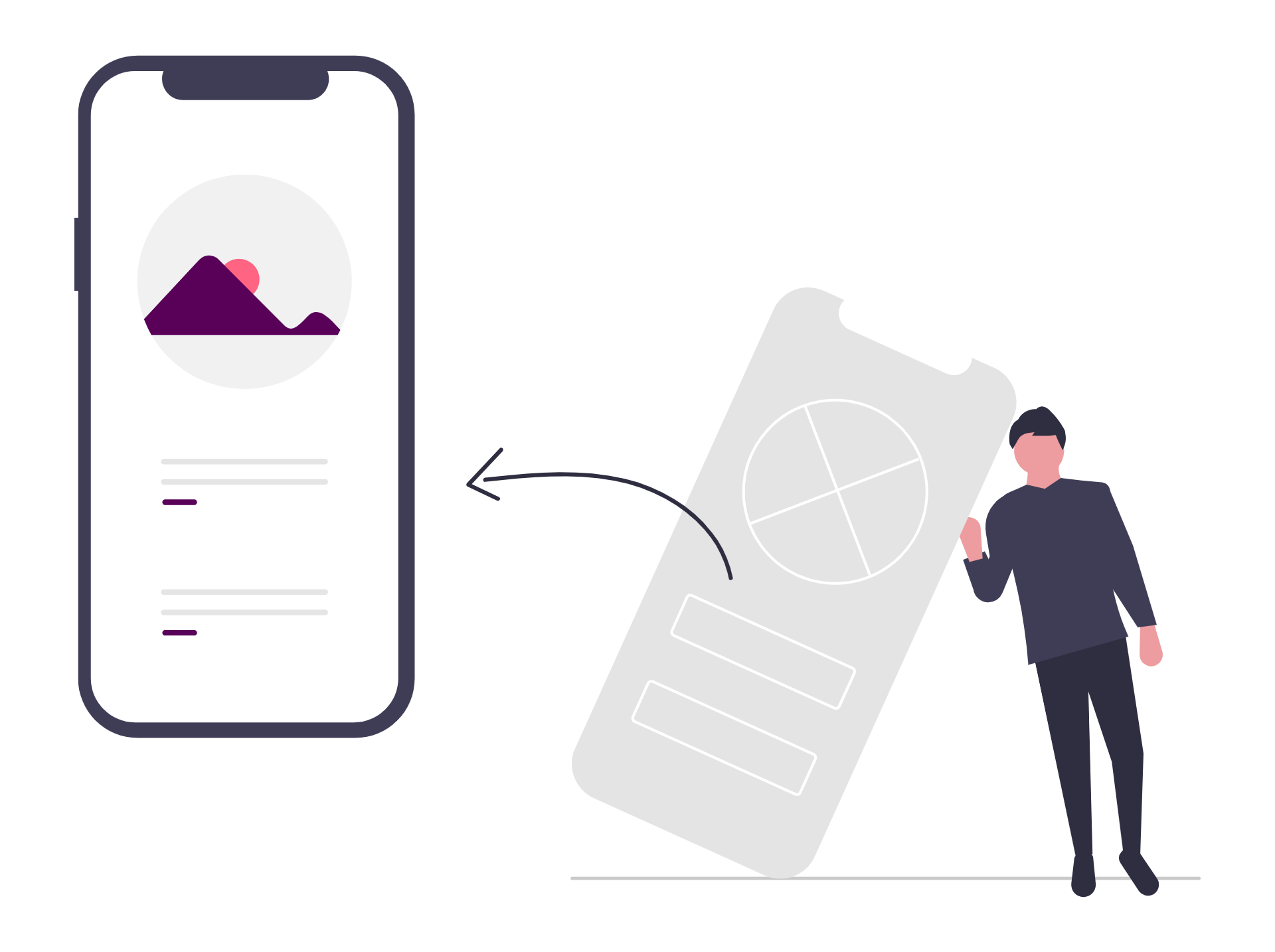 illustration of web wireframe with an arrow to a mobile web page